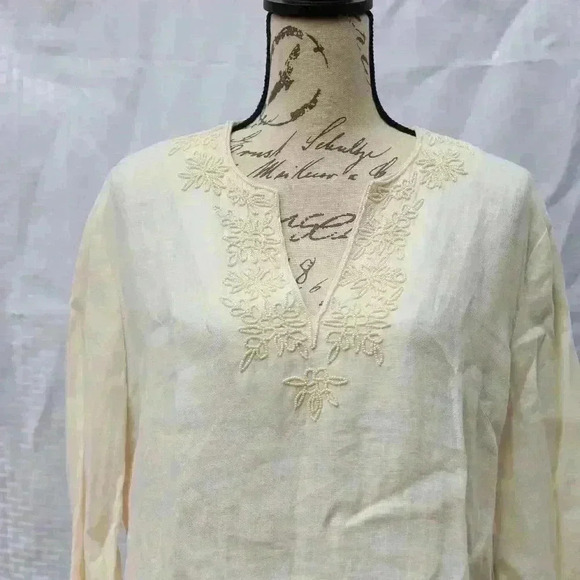 Lands' End Size L long sleeve cream color 100% linen tunic w/beaded front - Picture 2 of 13